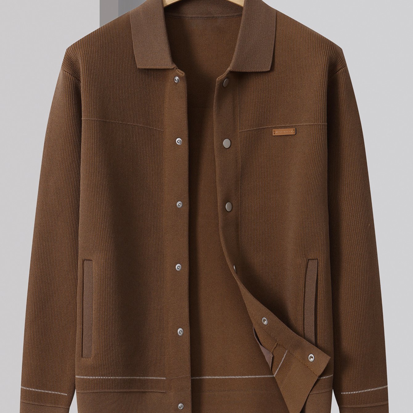 Men's Knit Cardigan Sweater with Business Collar and Pockets in Solid Color