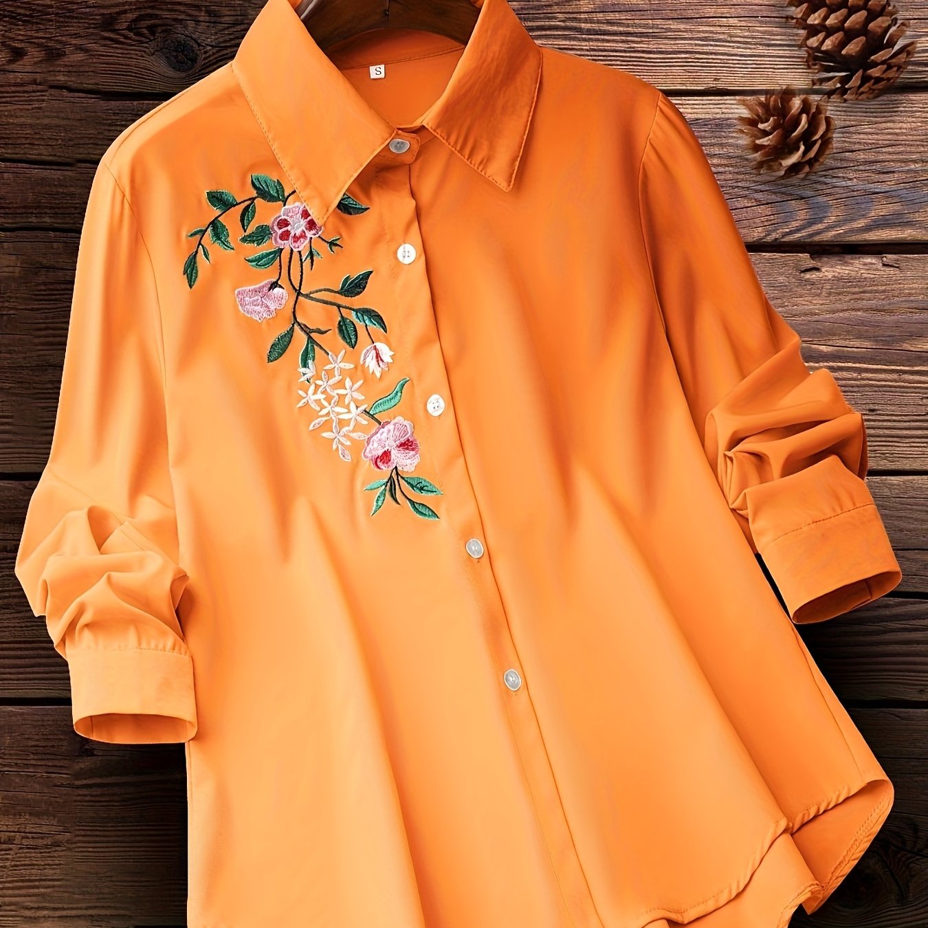 Women's Embroidered Floral Woven Shirt with Lapel Collar for Spring and Fall