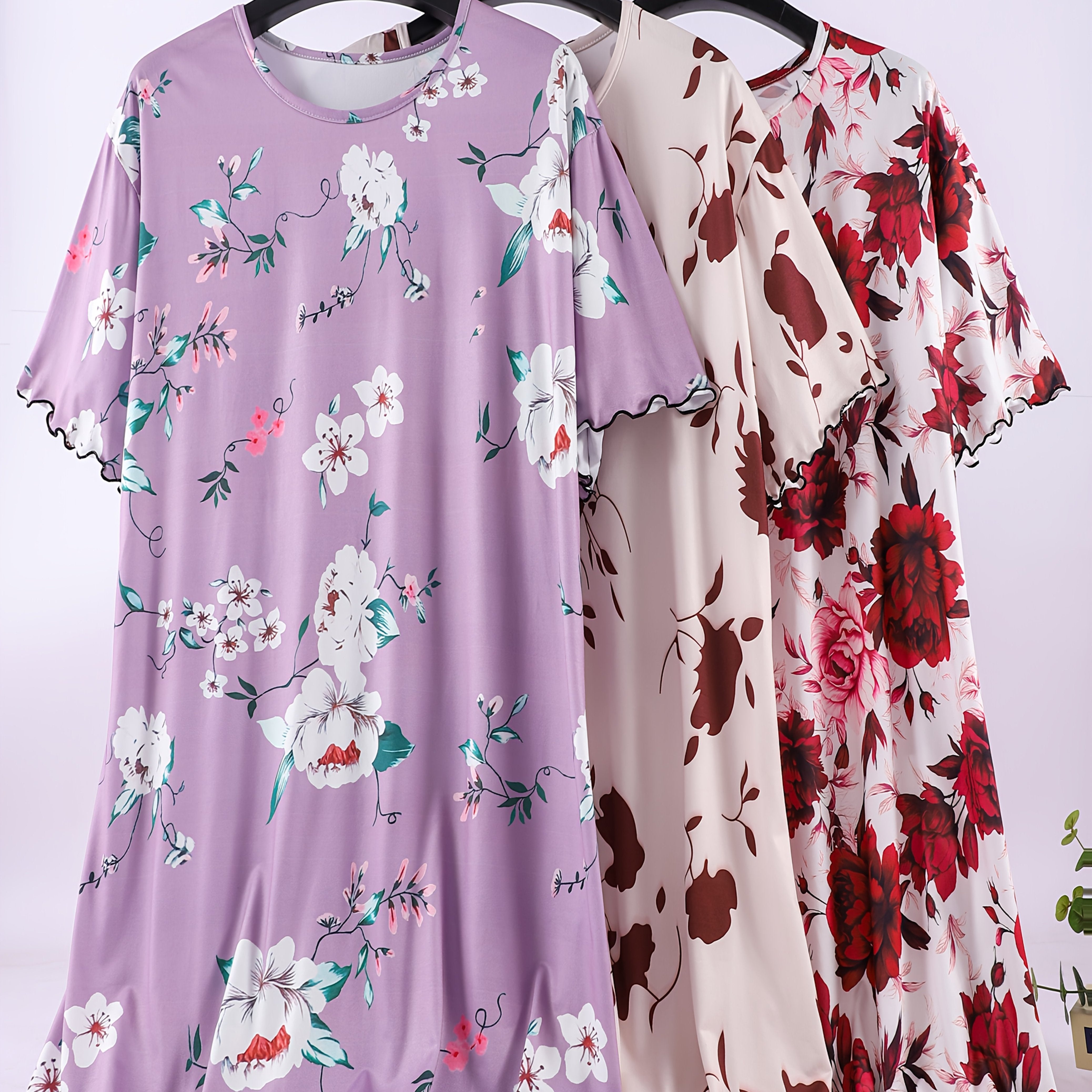 Women's Large Floral Sleep Dress 3 Pack Short Sleeve Lounge Nightwear