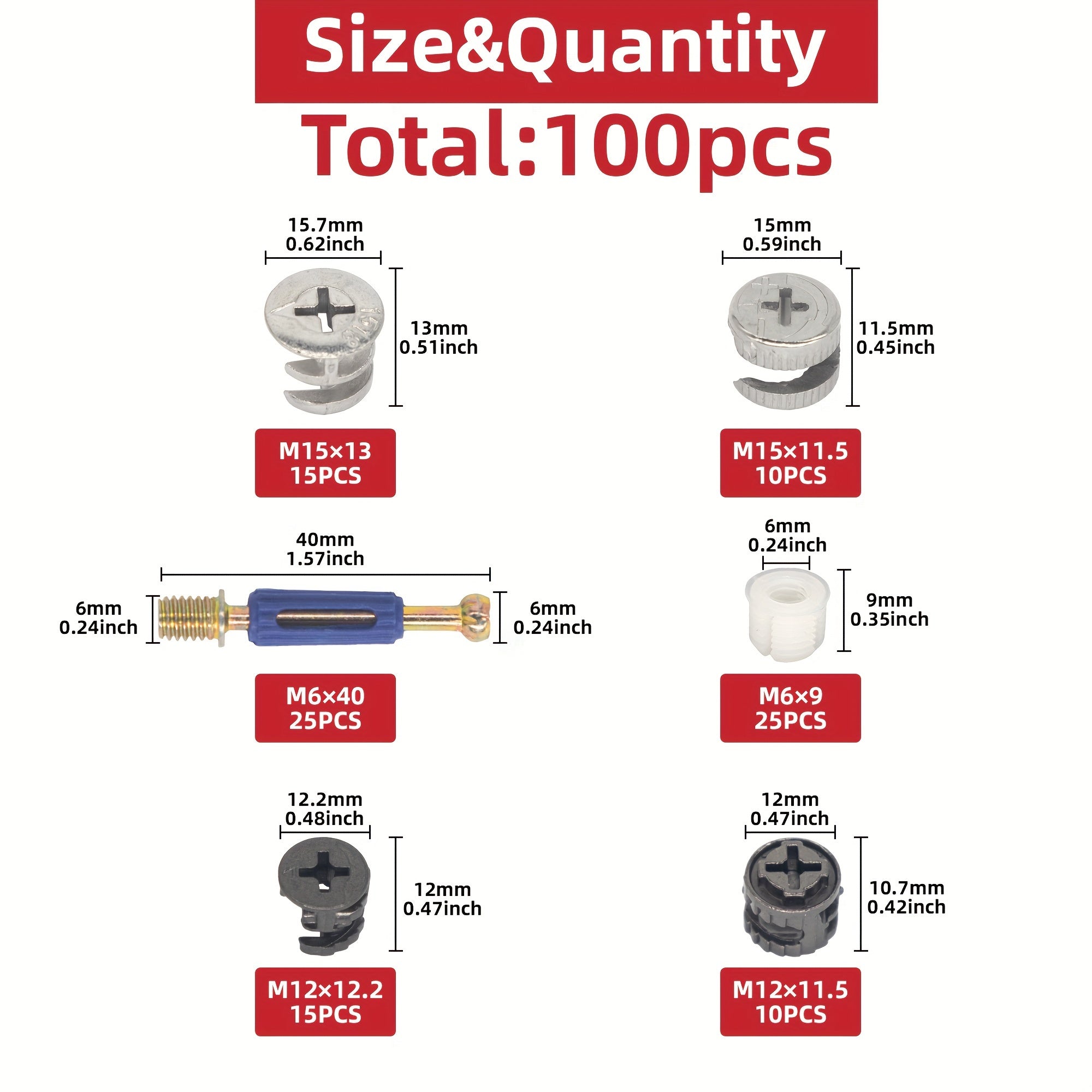 100-Piece Furniture Cam Lock Fastener Kit Carbon Steel Screw Nut Bolt Set for IKEA Hardware