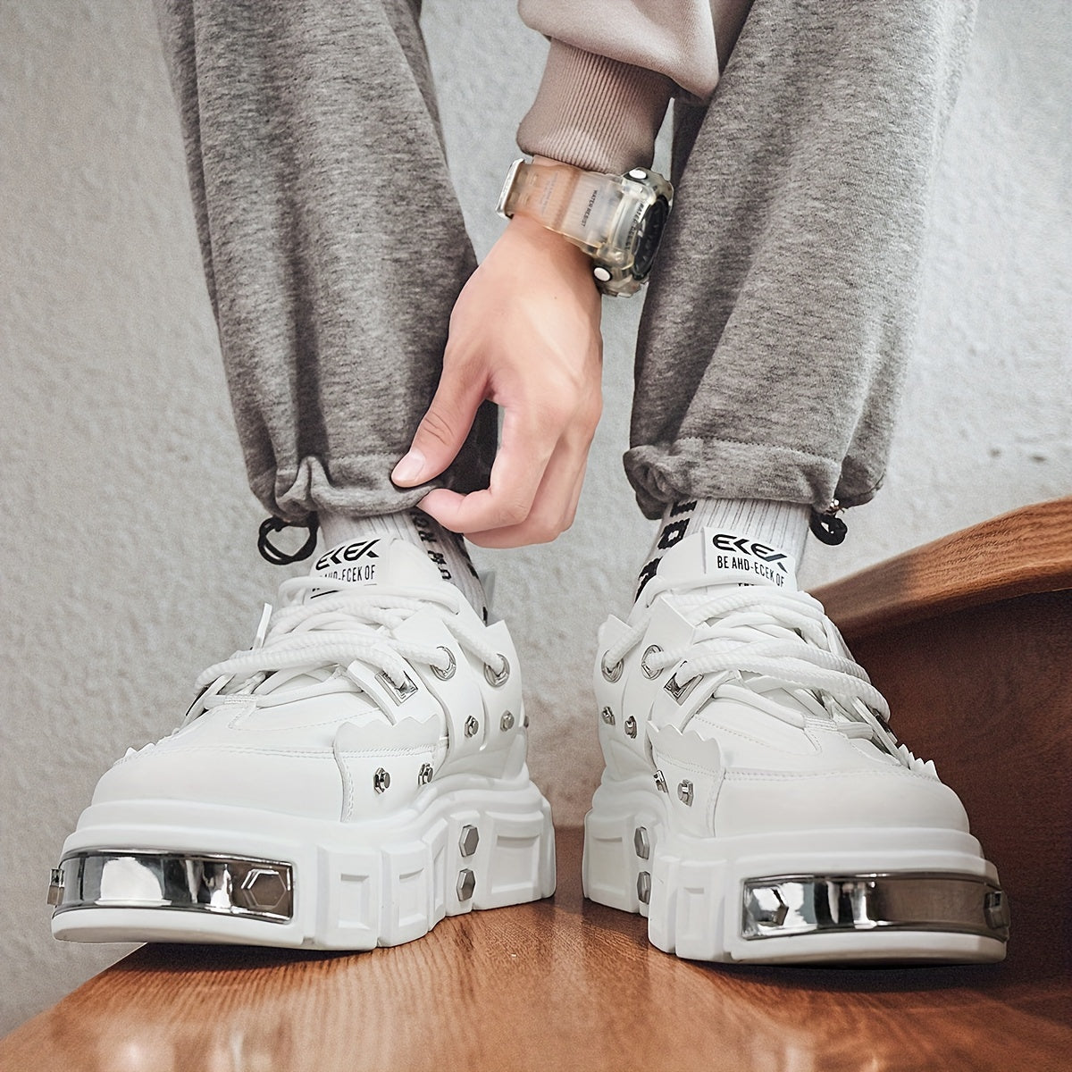 Unisex White Chunky Sneakers with Metal Stud Accents for Streetwear and Skateboarding