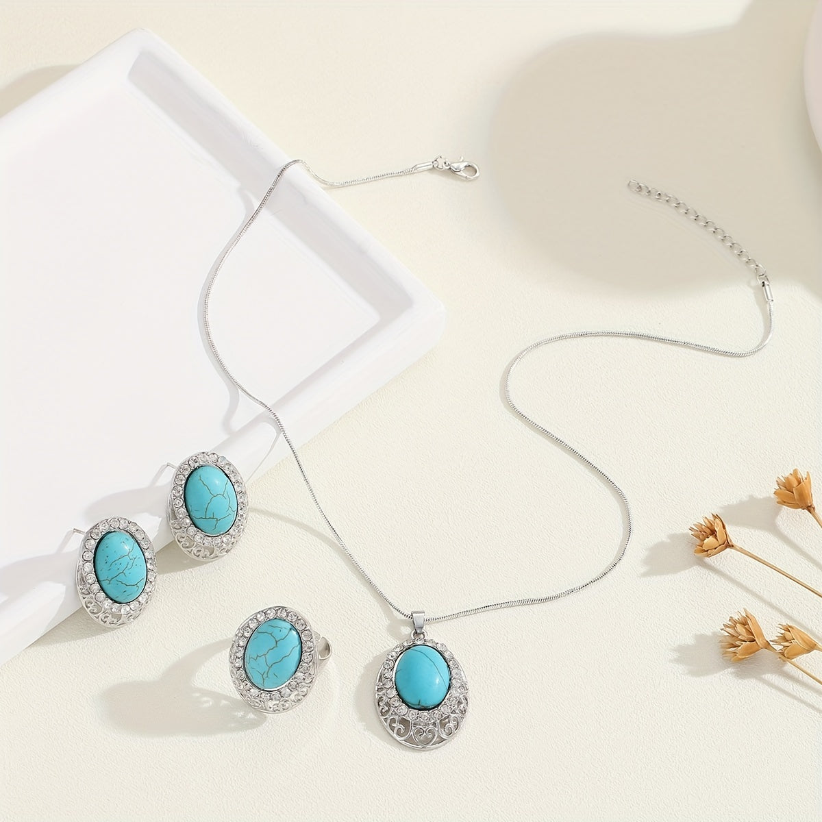Turquoise Bohemian Style Jewelry Set for Women with Ring Earrings Necklace