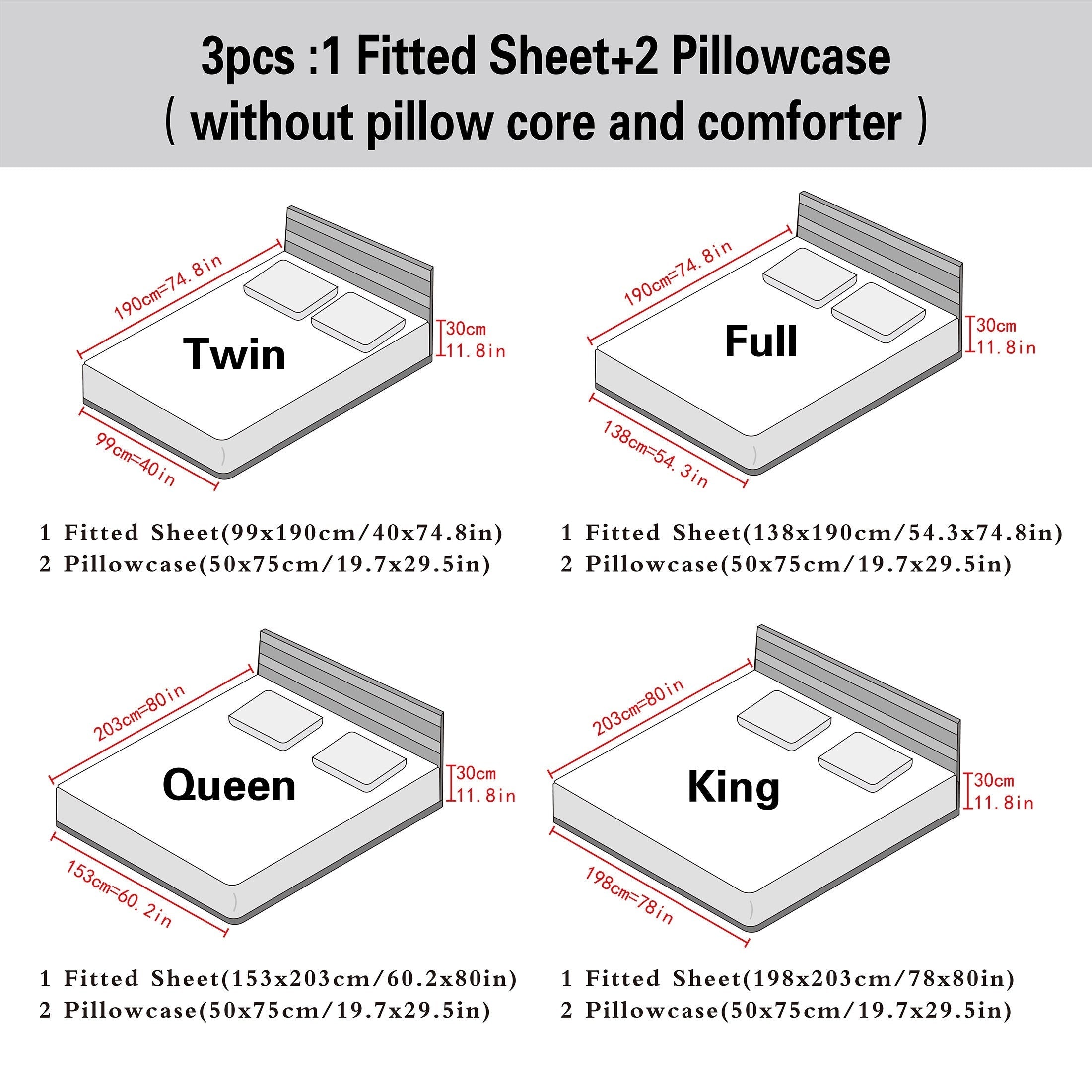 Juego de sábanas ajustadas de poliéster cepillado con 2 fundas de almohada, con bolsillo profundo, ropa de cama
