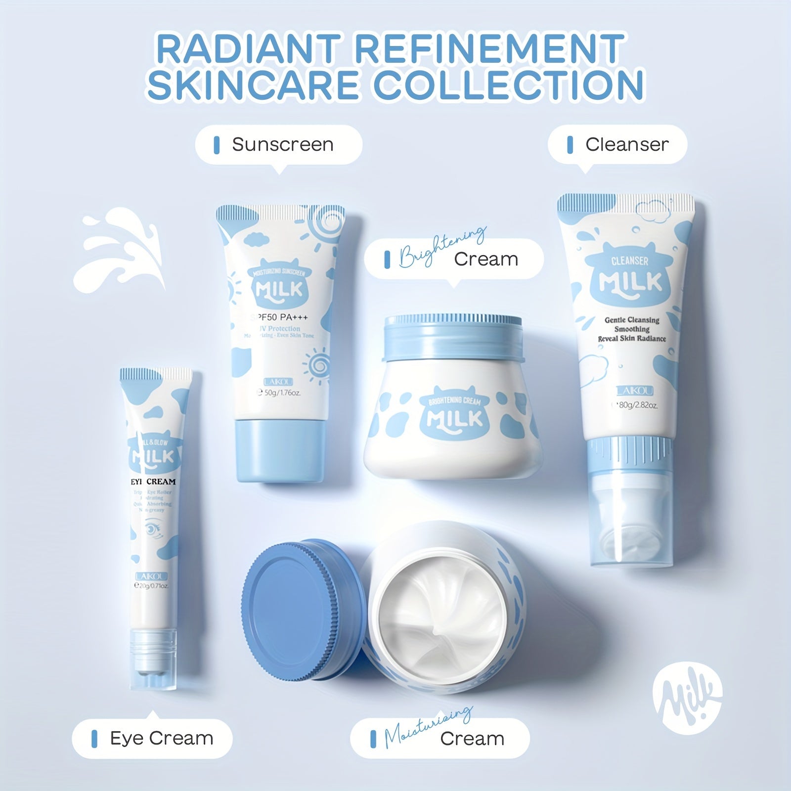 LAIKOU 5 dona Sut bilan to'ldirilgan Terini parvarish qilish to'plami tozalovchi, ko'z kremi va barcha teri turlari uchun yuz kremidan iborat. Namlantiruvchi va yog'ni nazorat qilish formulasi bilan ajralib turadi.