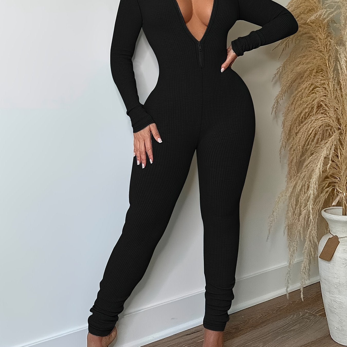 Plus Size Women's Ribbed Zipper Jumpsuit Casual Long Sleeve Bodycon Clothing