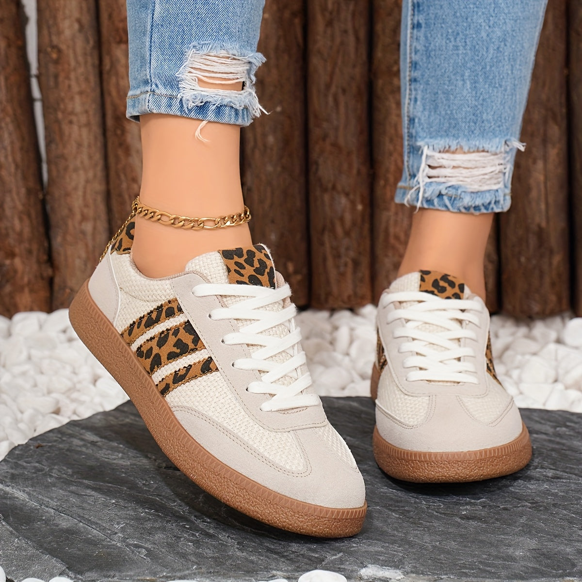 Women's Casual Sneakers Low-Top Lace-Up White Brown Fabric All-Season
