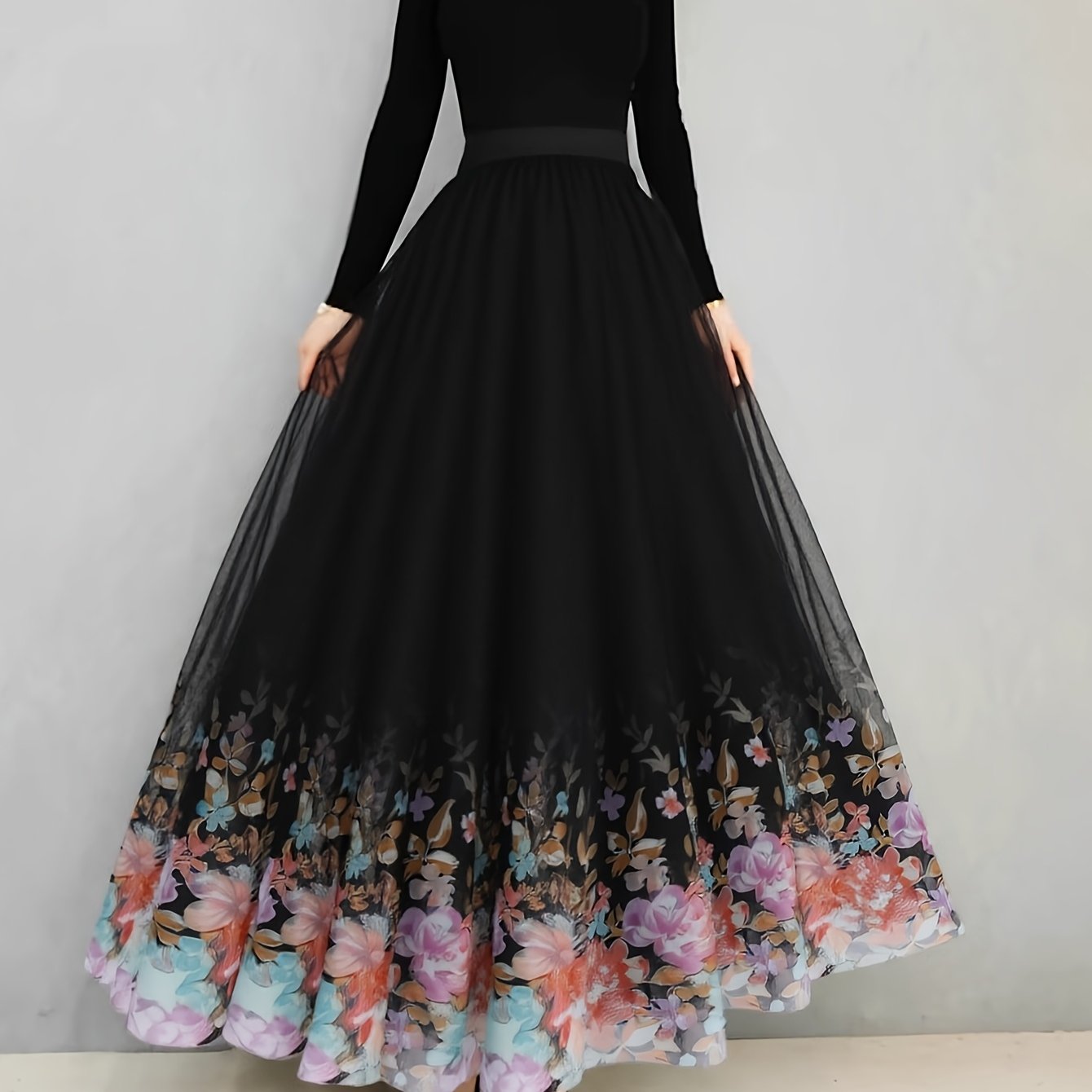 Plus Size Women's Floral Tulle Overlay A-Line Maxi Skirt Black White Elegant