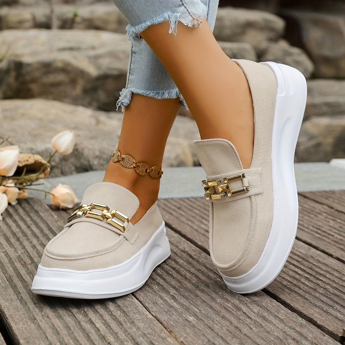 Women's Slip-On Loafers with Cushioned Rubber Sole Beige Comfortable All-Season