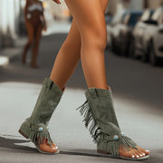 Women's Bohemian High-Top Sandals Leather Fringes Rivets Open-Toe