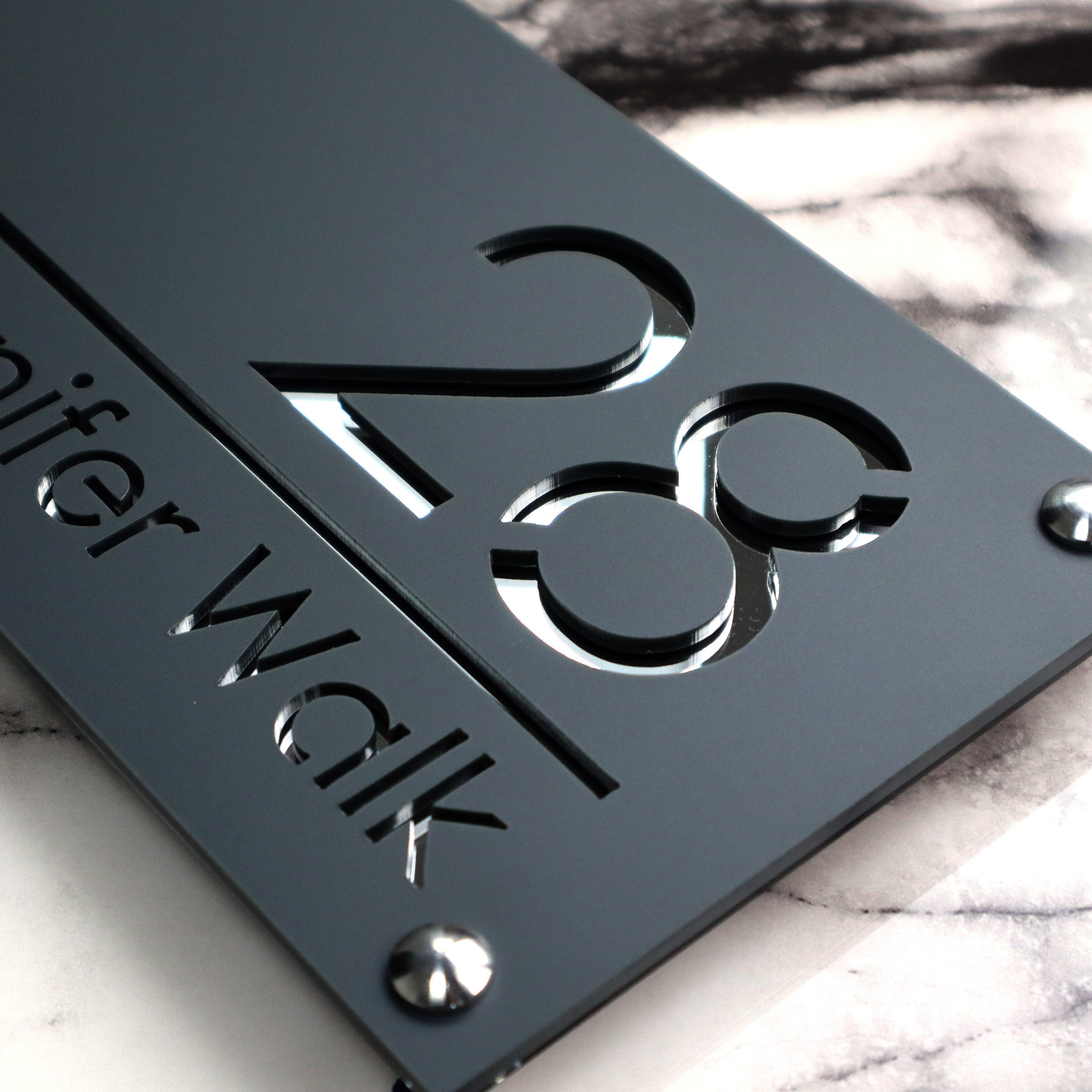 Laser-Cut Acrylic House Number Sign Matte Gray Silver Mirror Finish for Exterior