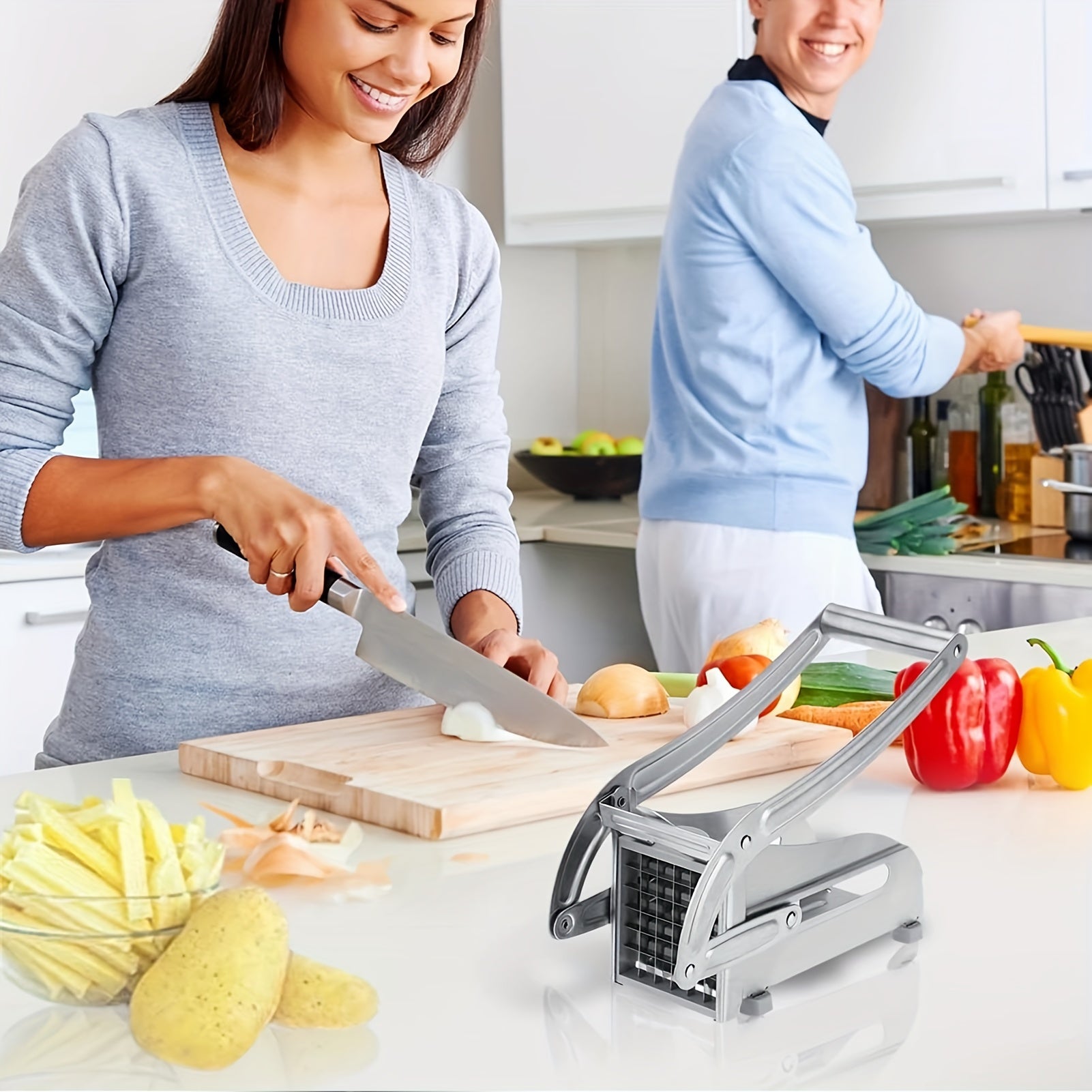 Stainless Steel French Fry Cutter with Non-Slip Grip 1/2 Inch and 3/8 Inch Blades for Fruits and Vegetables