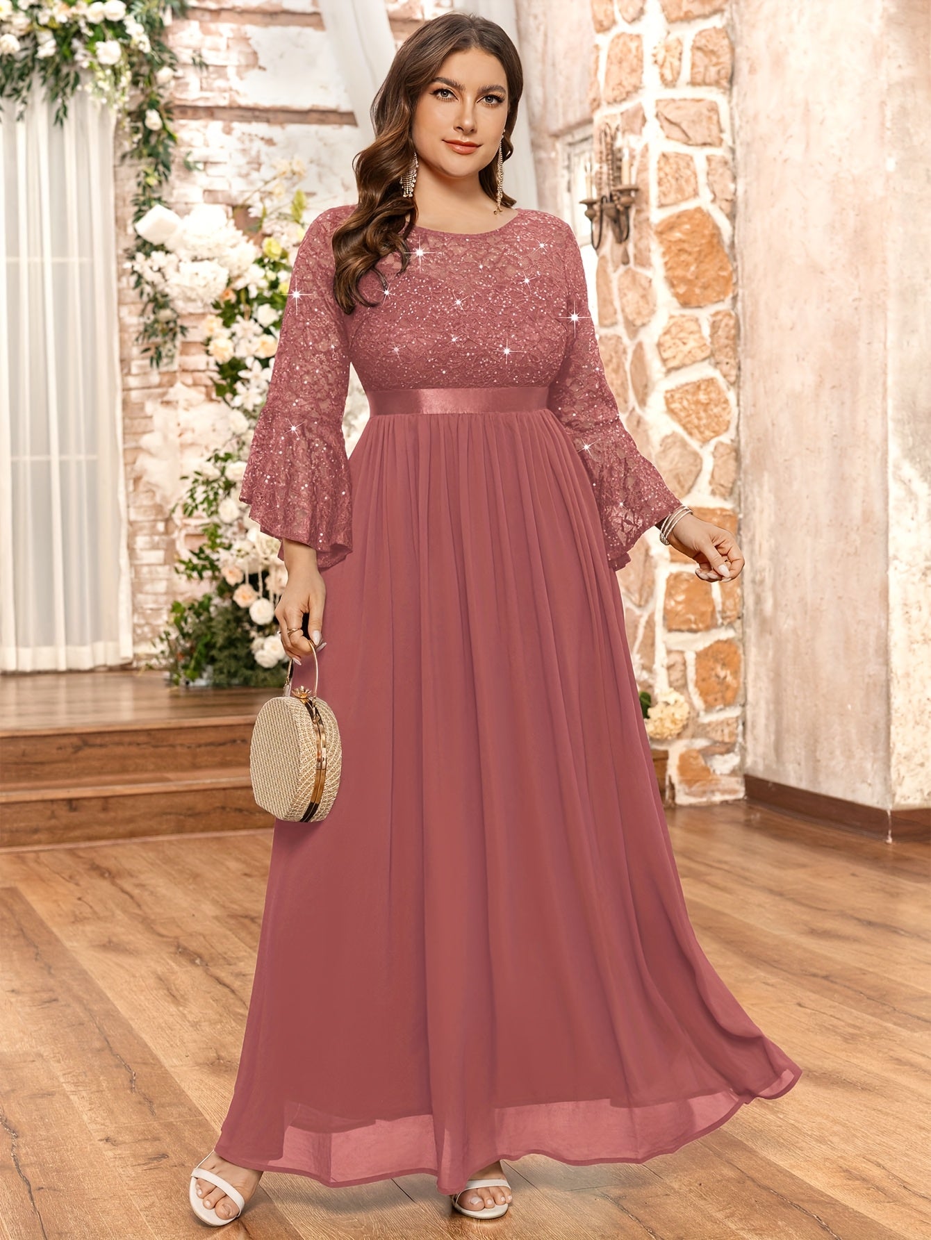 Plus Size Women's Sequin Long Dress Crew Neck Three Quarter Sleeve Evening Party