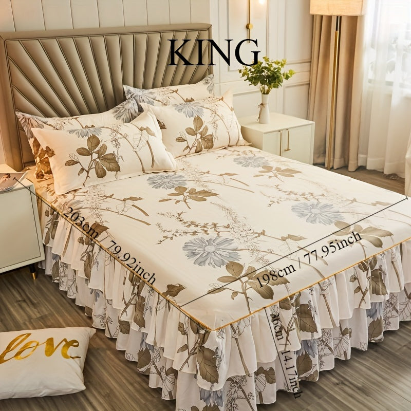 Set of 3 Tropical Floral Bedding Set with Lace Bed Skirt and Pillowcases Ruffled Edges Purple