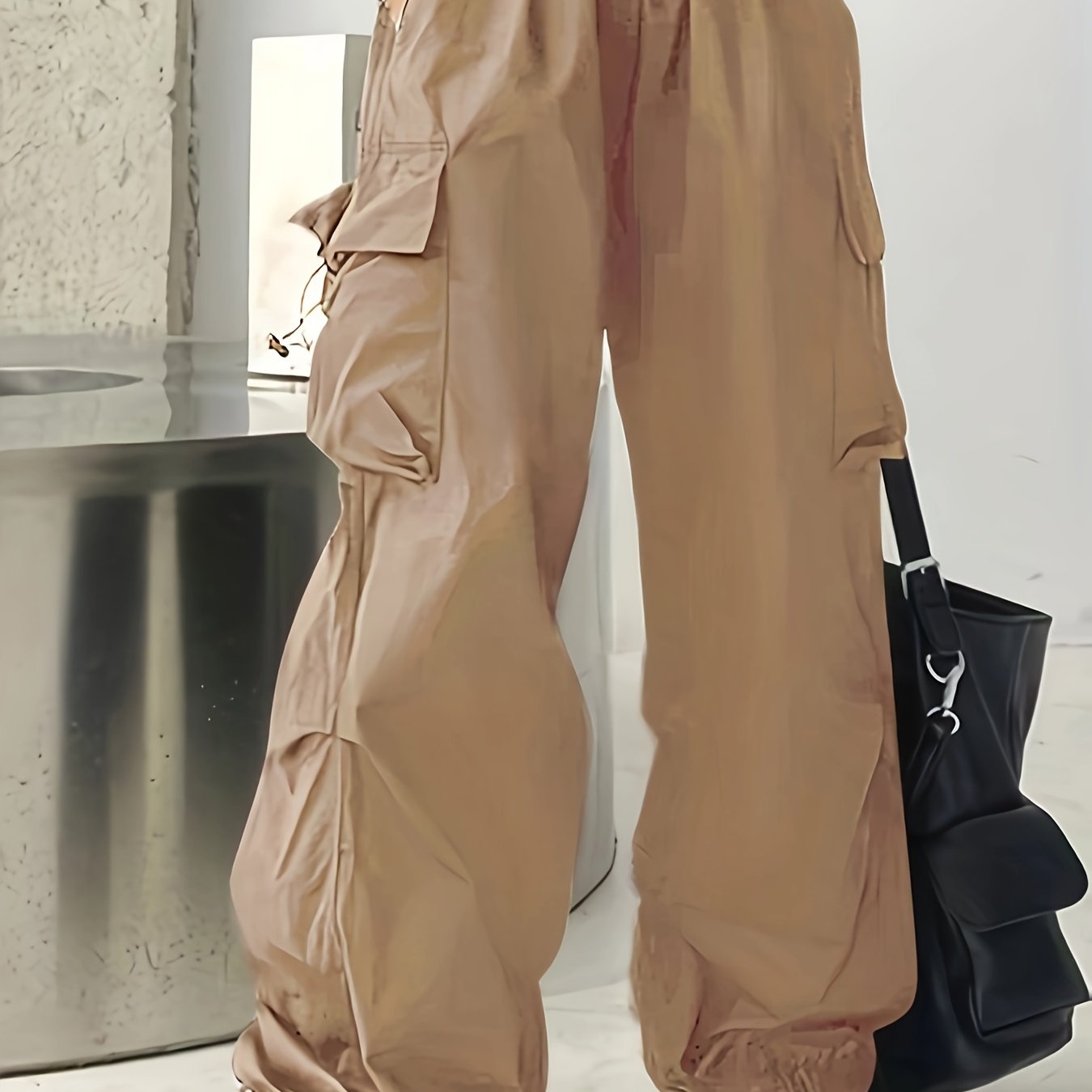 Women’s Polyester High-Waist Wide-Leg Cargo Pants with Pockets Beige