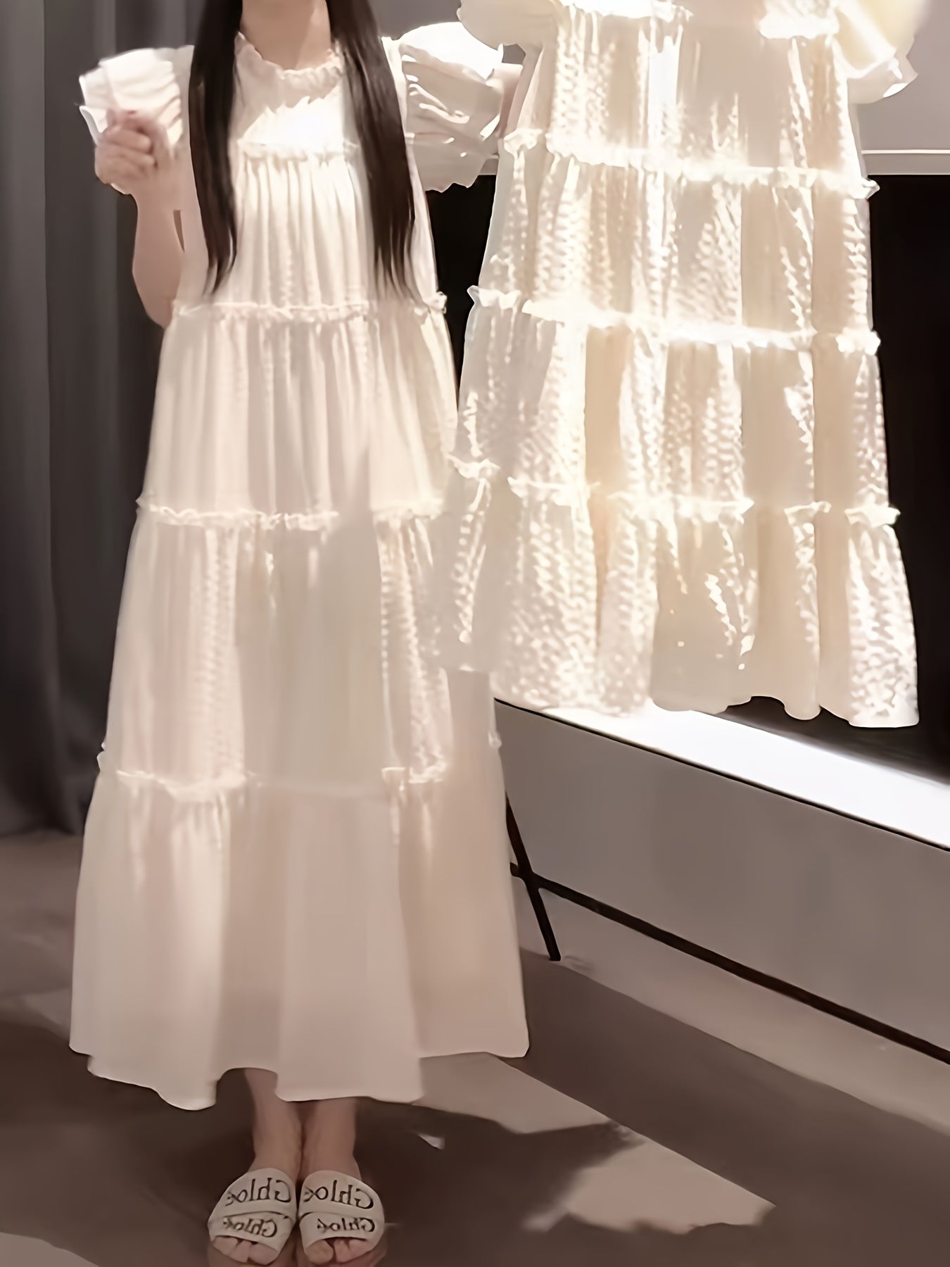 Women's Maxi Dress Summer 2025 French Style Loose Fit Bubble Skirt Flutter Sleeves Polyester