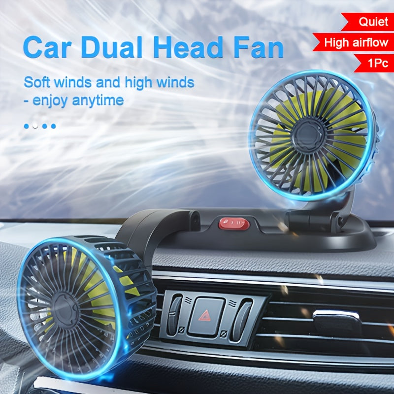 Dual Head Portable Car Fan with 5-Blade Turbo Airflow, USB Powered