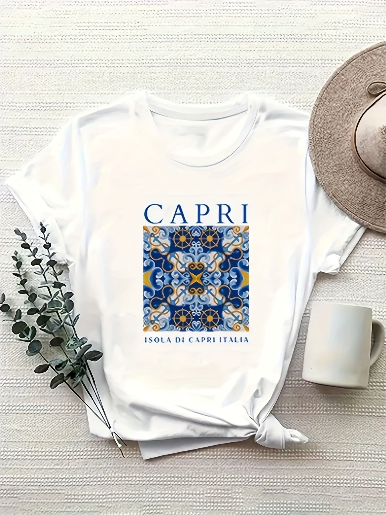 Women's White Capri Print T-Shirt Casual Relaxed Fit Blue Golden Mandala
