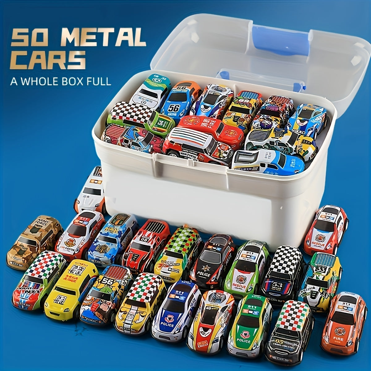 Set of 50 Friction-Powered Die-Cast Mini Rally Cars in Storage Box for Kids and Home Decor