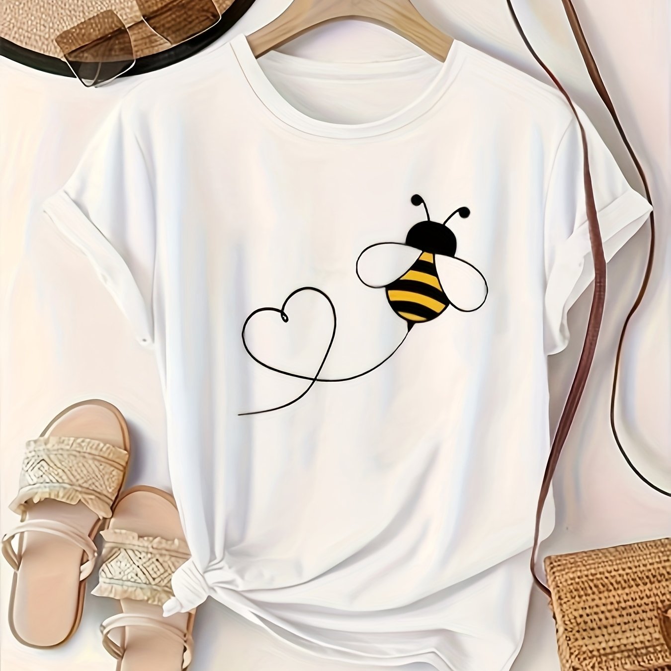 Women's Cotton Short Sleeve T-Shirt with Bee and Heart Print