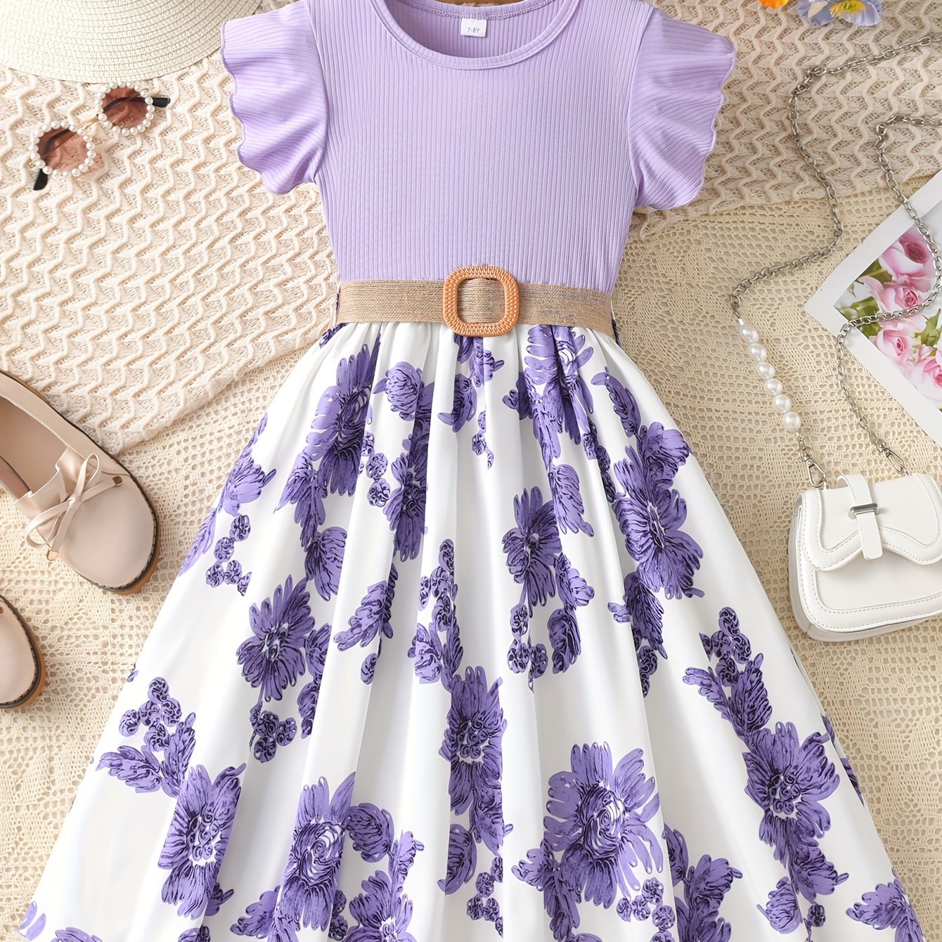 Girls Summer Floral Dress with Ruffle Sleeves Knee-Length Polyester Knit Belt Lavender White