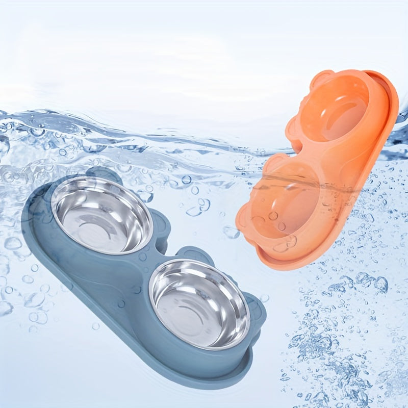 Stainless Steel Double Dog Bowls Set on Spill-Proof Stand for Drinking and Feeding
