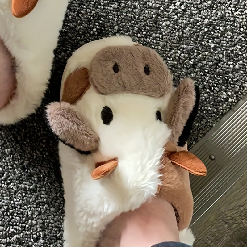 Women's Plush Cow House Slippers Closed Toe Fuzzy Indoor Shoes