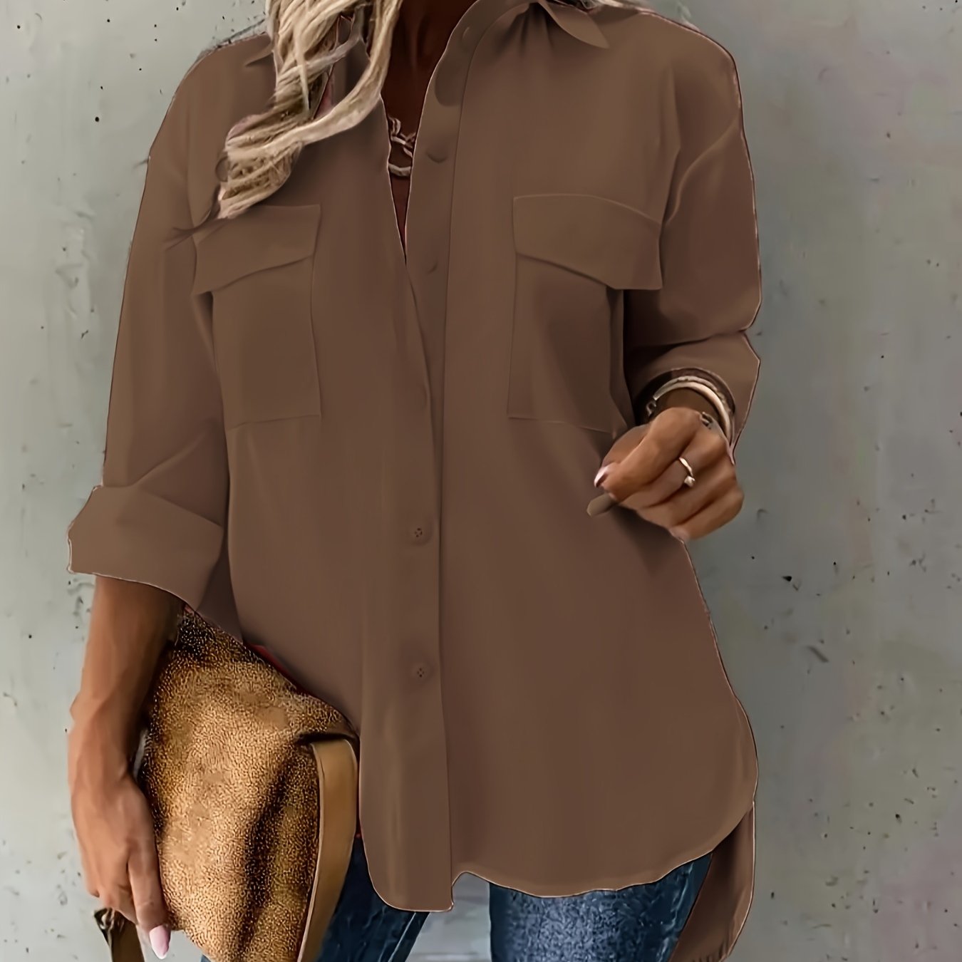 Plus Size Women's Casual Polyester Button Front Shirt with Flap Pockets for Spring