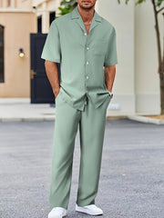 Men's Casual Suit-Inspired Set Short Sleeve Shirt and Loose Pants Polyester