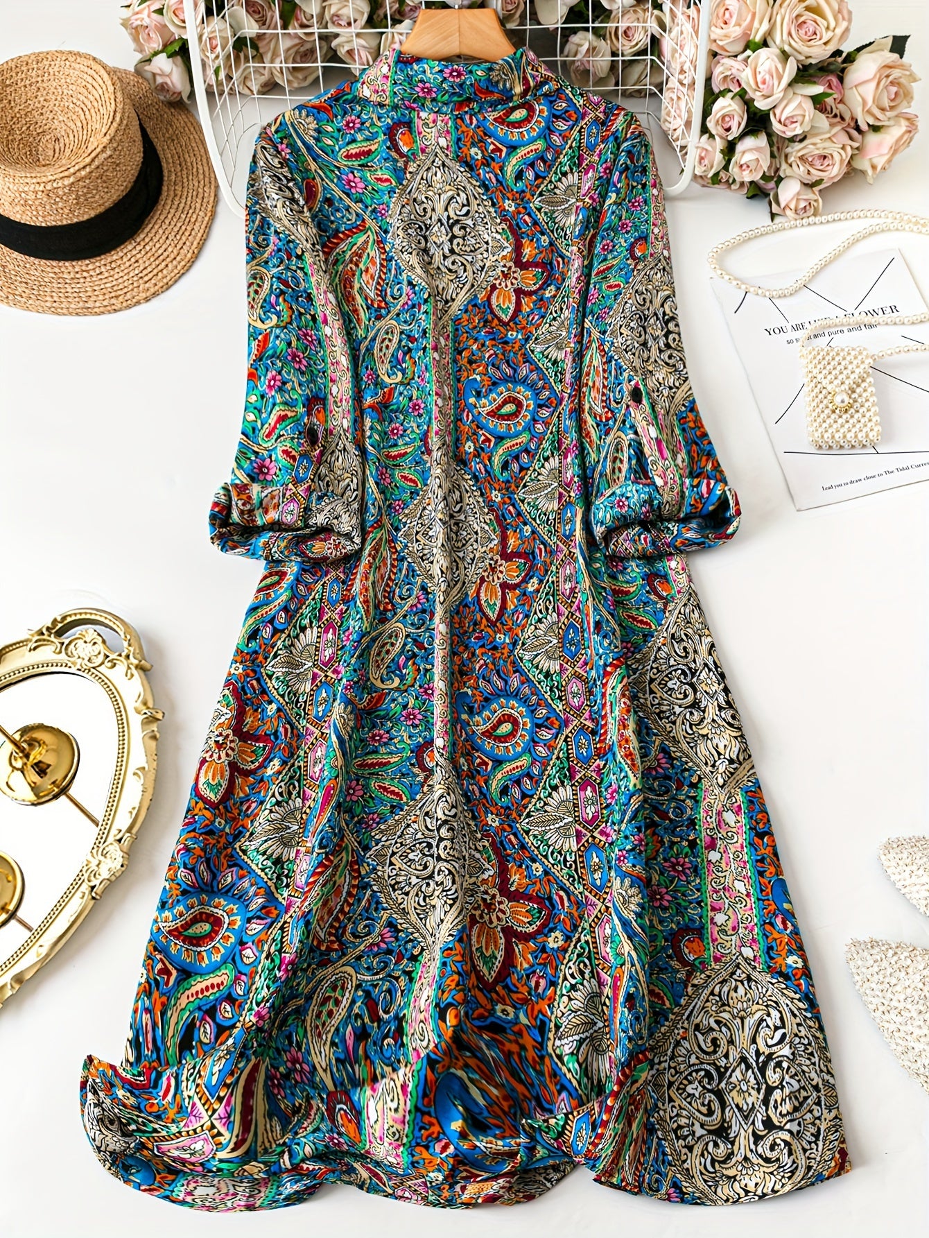 Women's Plus Size Printed Button-Up Shirt with Floral and Geometric Pattern for Spring Fall