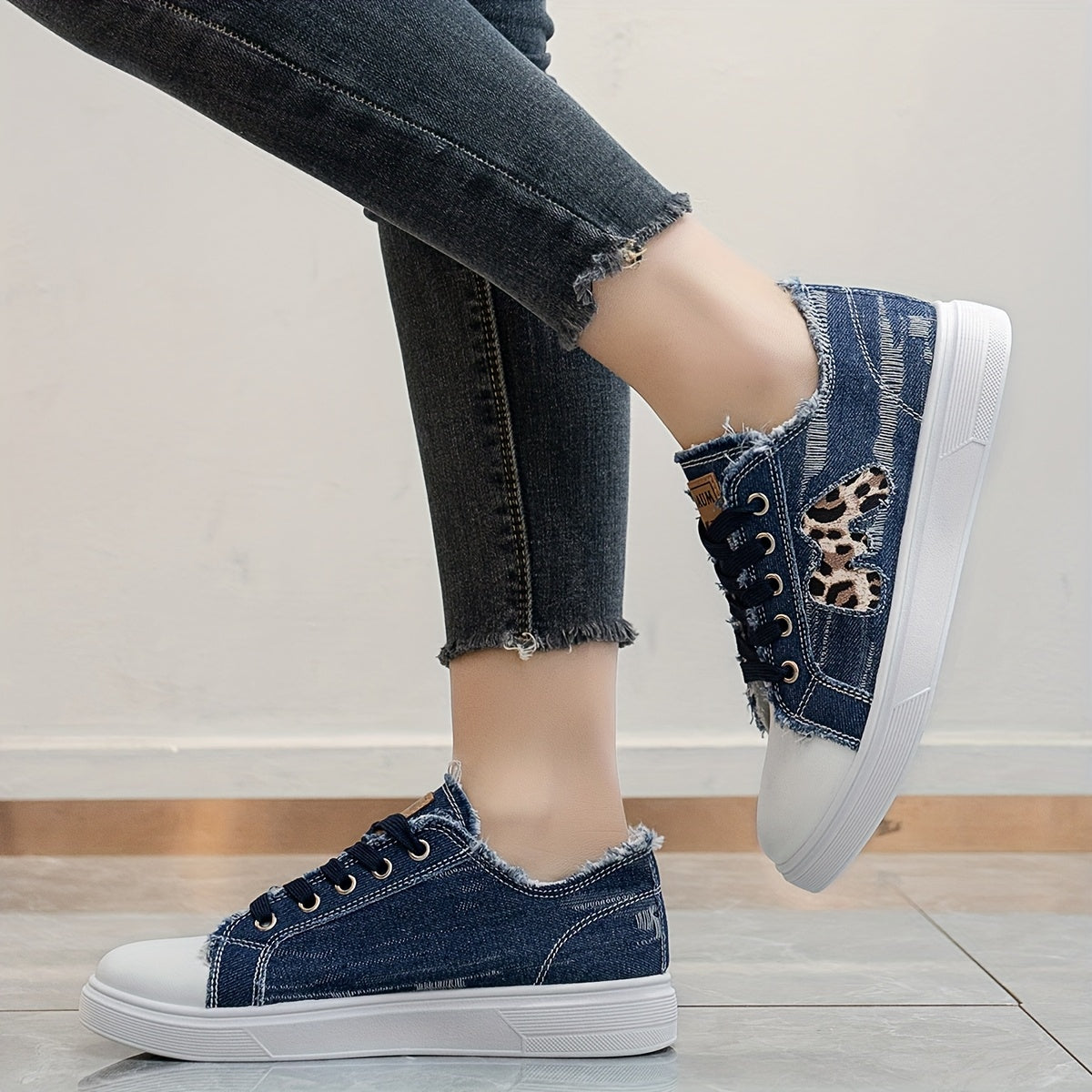Women's Faux Denim Sneakers with Leopard Print, Breathable Fabric, All-Season Comfort