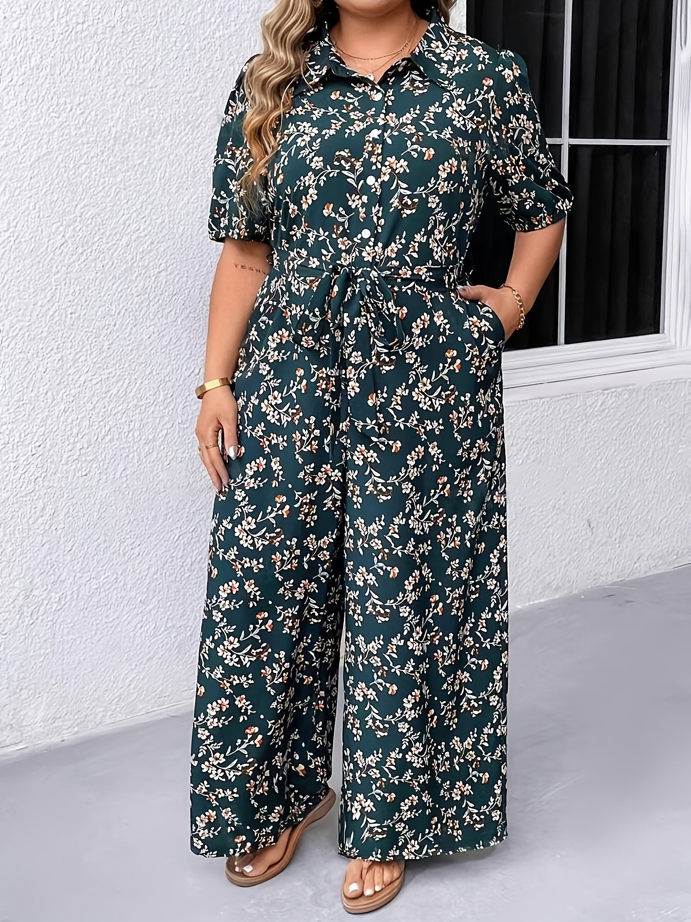 Women's Floral Print Short Sleeve Jumpsuit Polyester Belted Waist