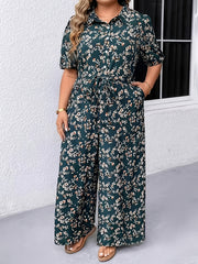 Women's Floral Print Short Sleeve Jumpsuit Polyester Belted Waist