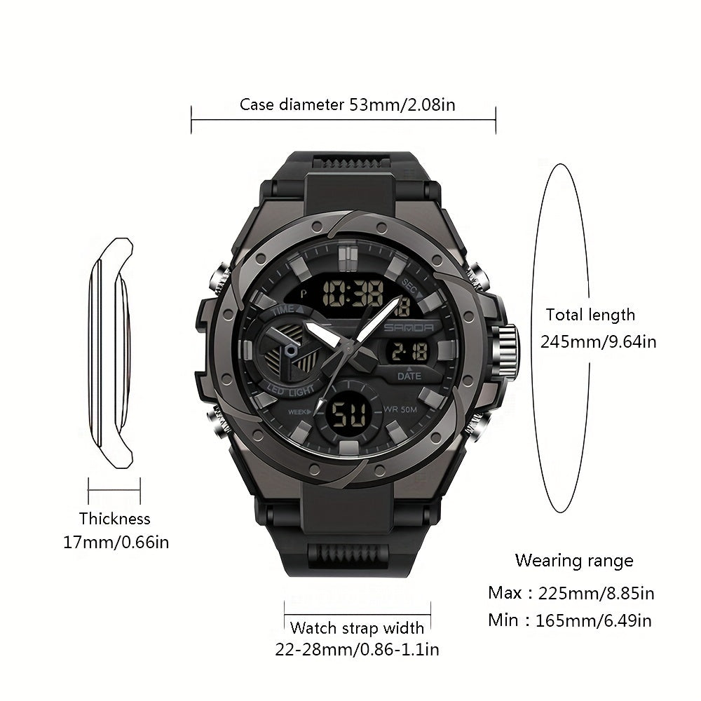 Men's Sports Watch Waterproof Quartz Luminous Dual Display Stopwatch Alarm