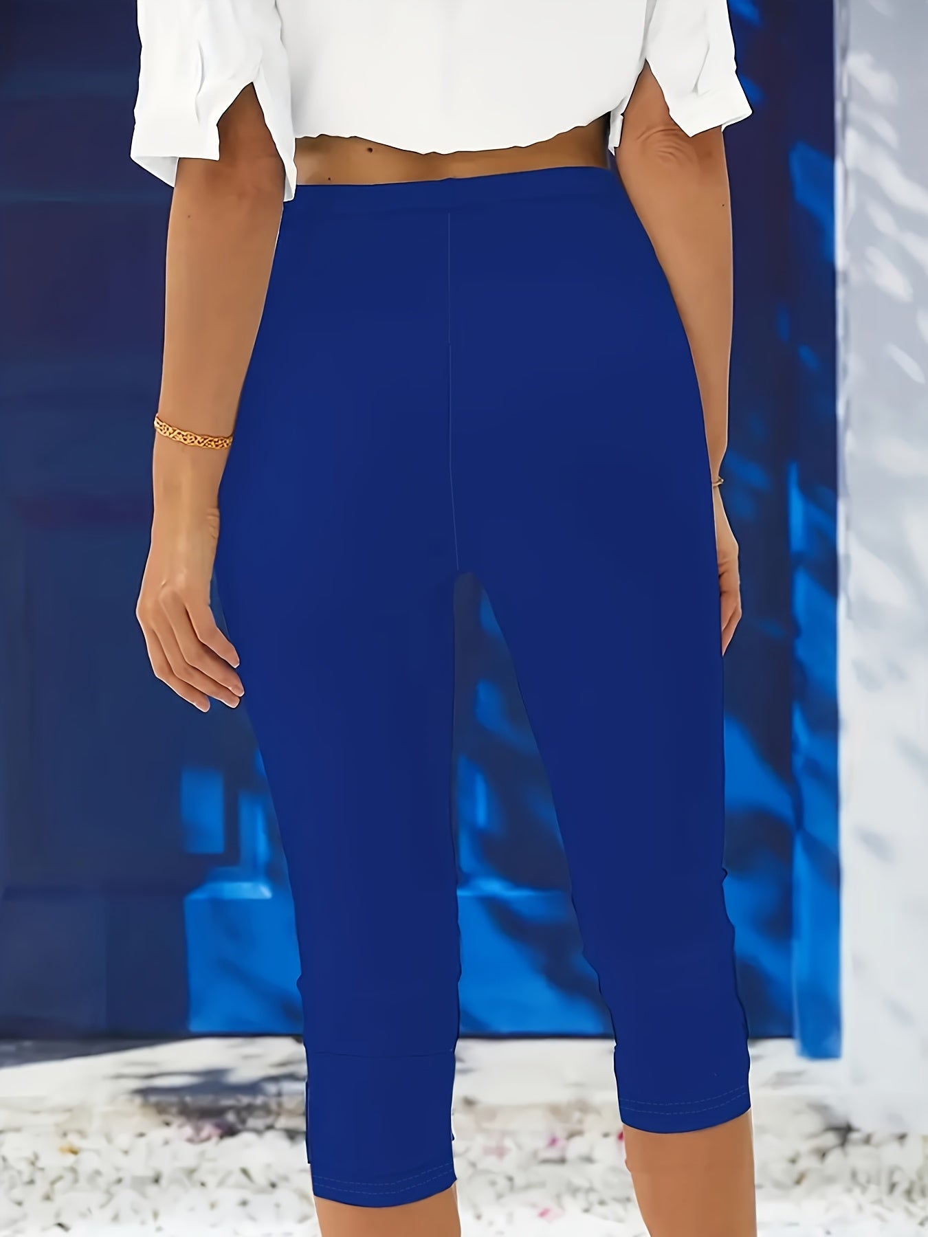 Plus Size Women's Stretchy Capris High-Waisted Solid Blue Casual