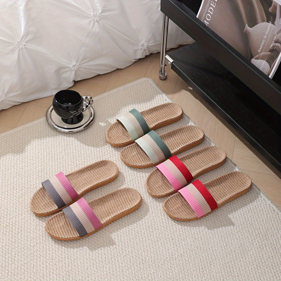 Women's Colorblock Linen Slip-On House Slippers Lightweight Breathable