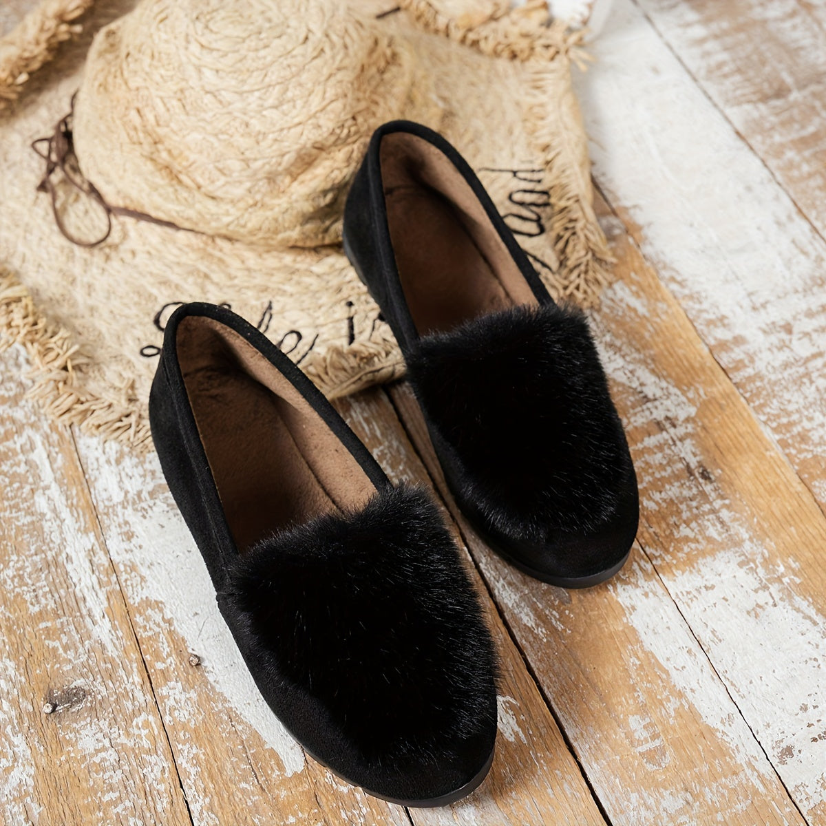Women's Slip-On Flats with Faux Fur Trim - Lightweight All-Season Casual Shoes
