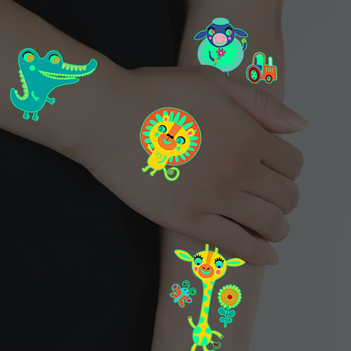 68-Pack Glow in the Dark Temporary Tattoos for Kids Animal Series Waterproof Stickers