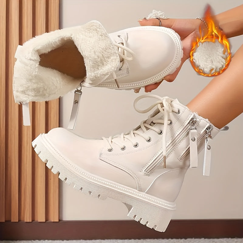 Women's Fleece-Lined Winter Boots Casual Lace-Up Mid-Calf Solid Color