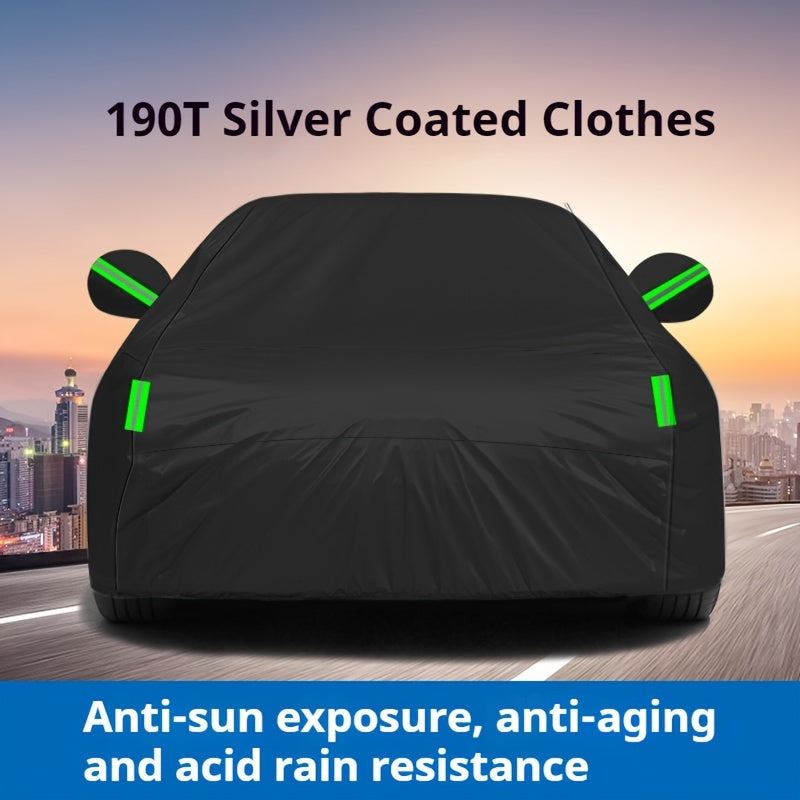 Funda para coche negra de poliéster con protección solar, tira reflectante 190T
