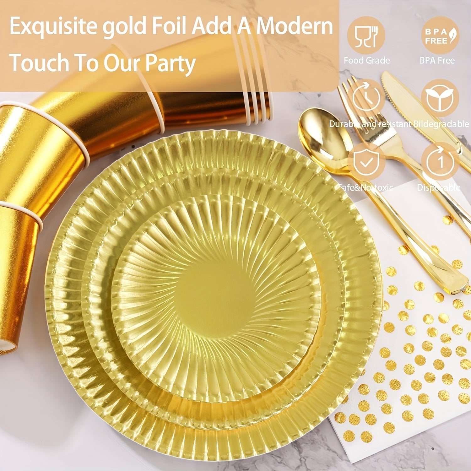 El paquete de suministros para fiestas de oro incluye platos desechables y servilletas para cumpleaños, bodas y feriados