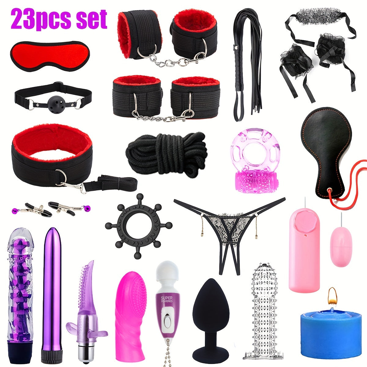 Adult Bondage Kit 23 Pieces, Metal and Silicone, BDSM Sex Toys for Couples