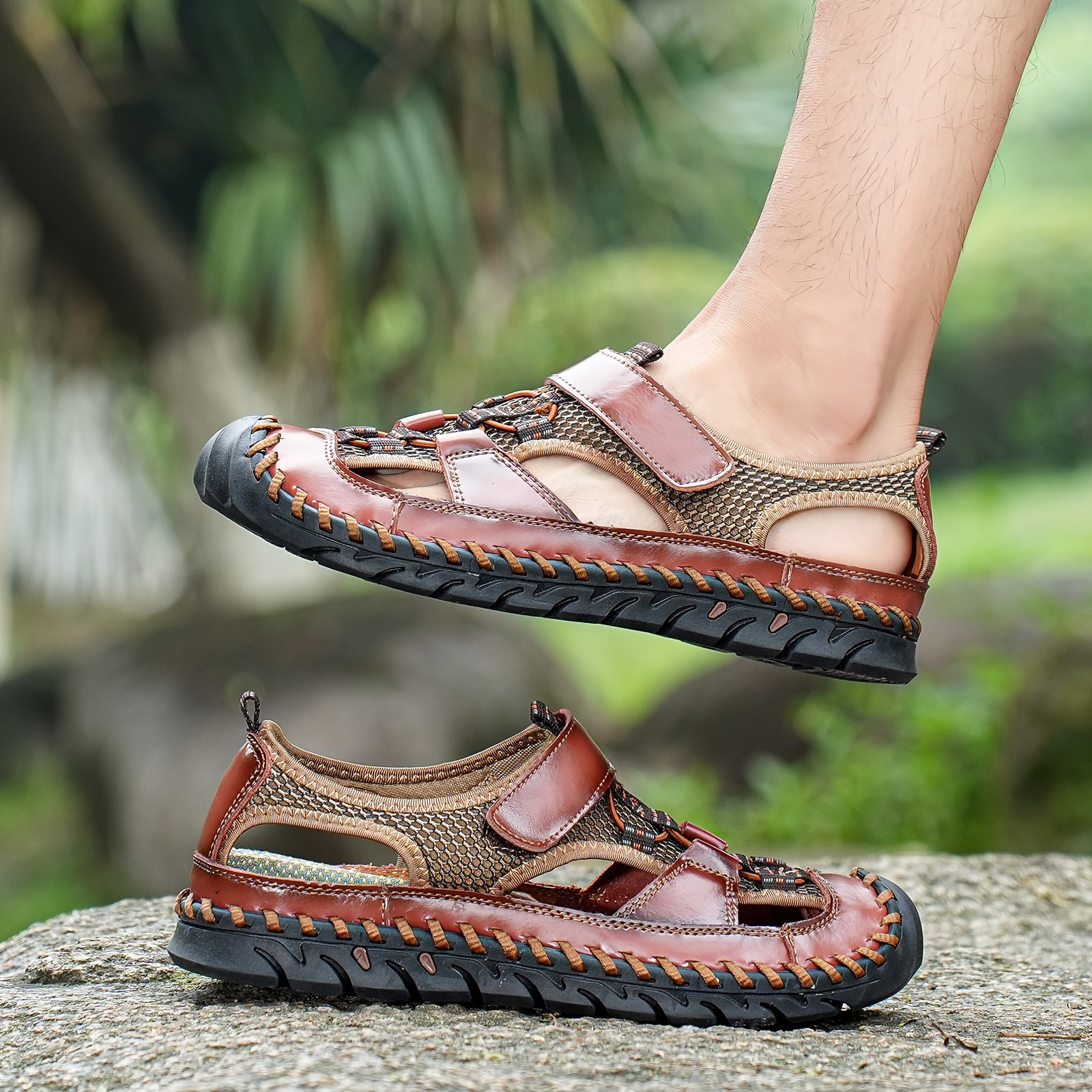 Men's Casual Sports Sandals Solid Color Adjustable Fastener Rubber Sole Breathable Slip-Resistant