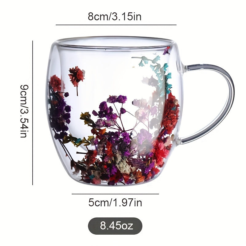 Double Layer Glass Mug with Real Flowers and Flowing Sand for Hot Drinks and Beverages