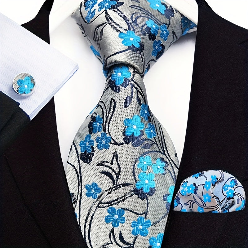 Men's Suit Set with Tie, Pocket Square and Cufflinks in Stripe and Paisley Design