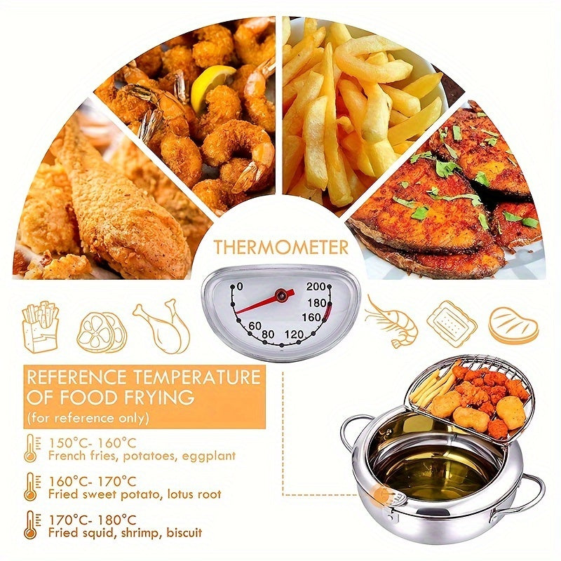 Stainless Steel Deep Fryer with Temperature Control Thermometer Lid 74 oz Induction Compatible