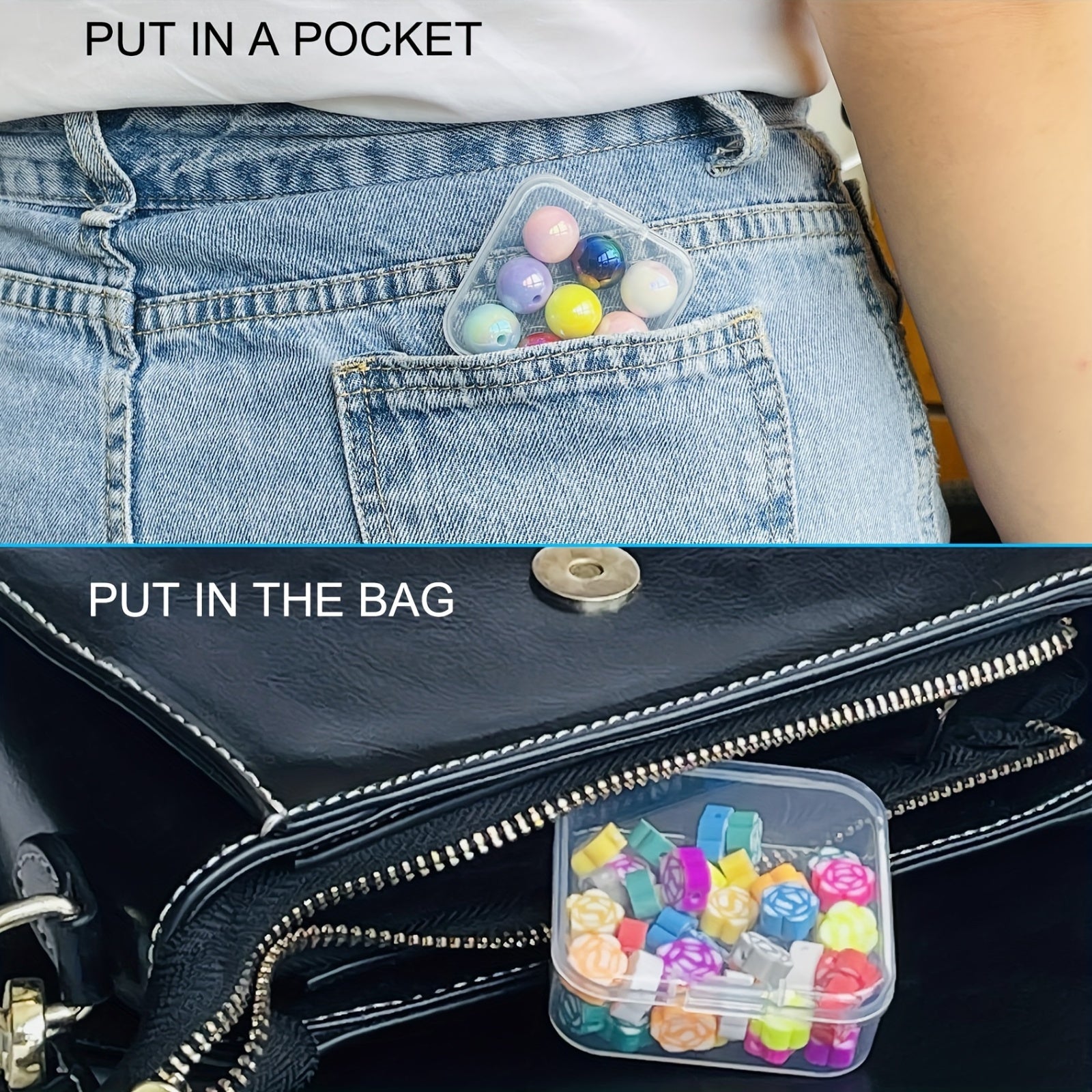 30 ta shaffof plastik saqlash qutilari kichik narsalarni, masalan, qo'l san'atlari, marjonlar, soch aksessuarlari, zargarlik buyumlari va asbob-uskunalarni tartibga solish uchun. 14 yoki 30 bo'limli variantlar bilan bo'limlar mavjud.