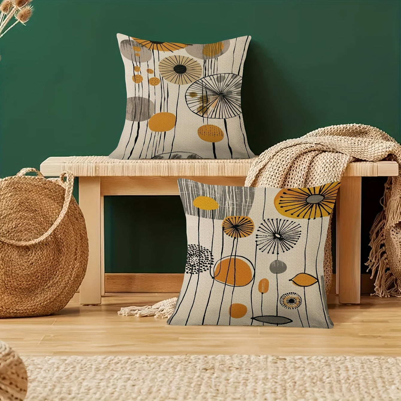 Set of 2 Dandelion Print Linen Pillowcases 45.72x45.72 cm Zippered Bed Sofa Decor