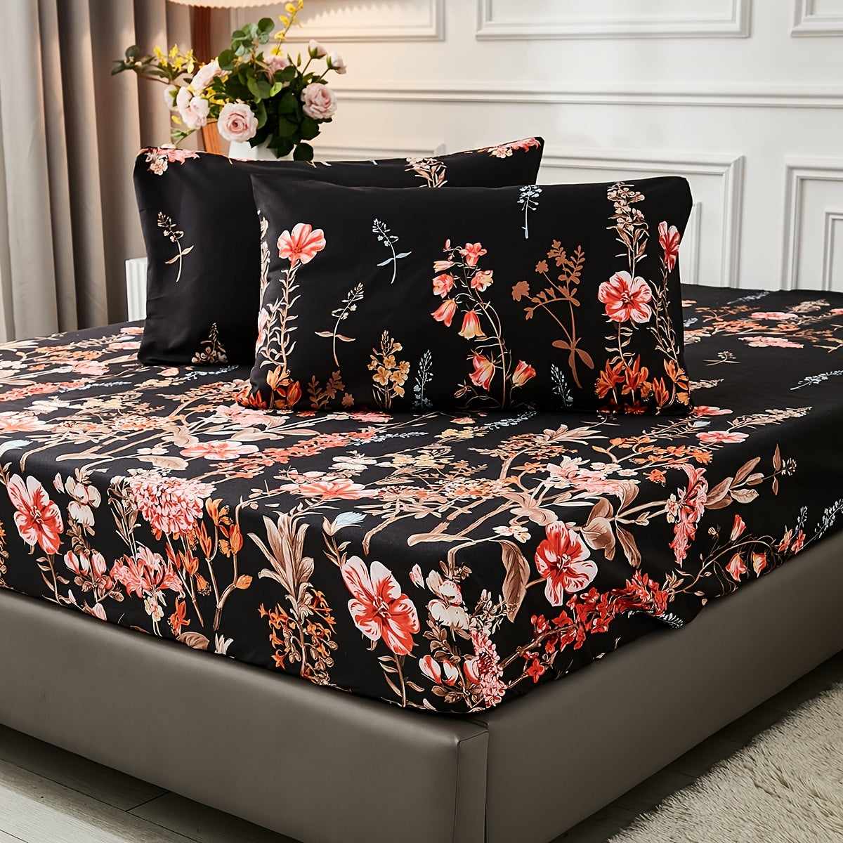 Flower Print Bedding Set Fitted Sheet and Pillowcase Set Soft Cozy Bedroom Guest Room