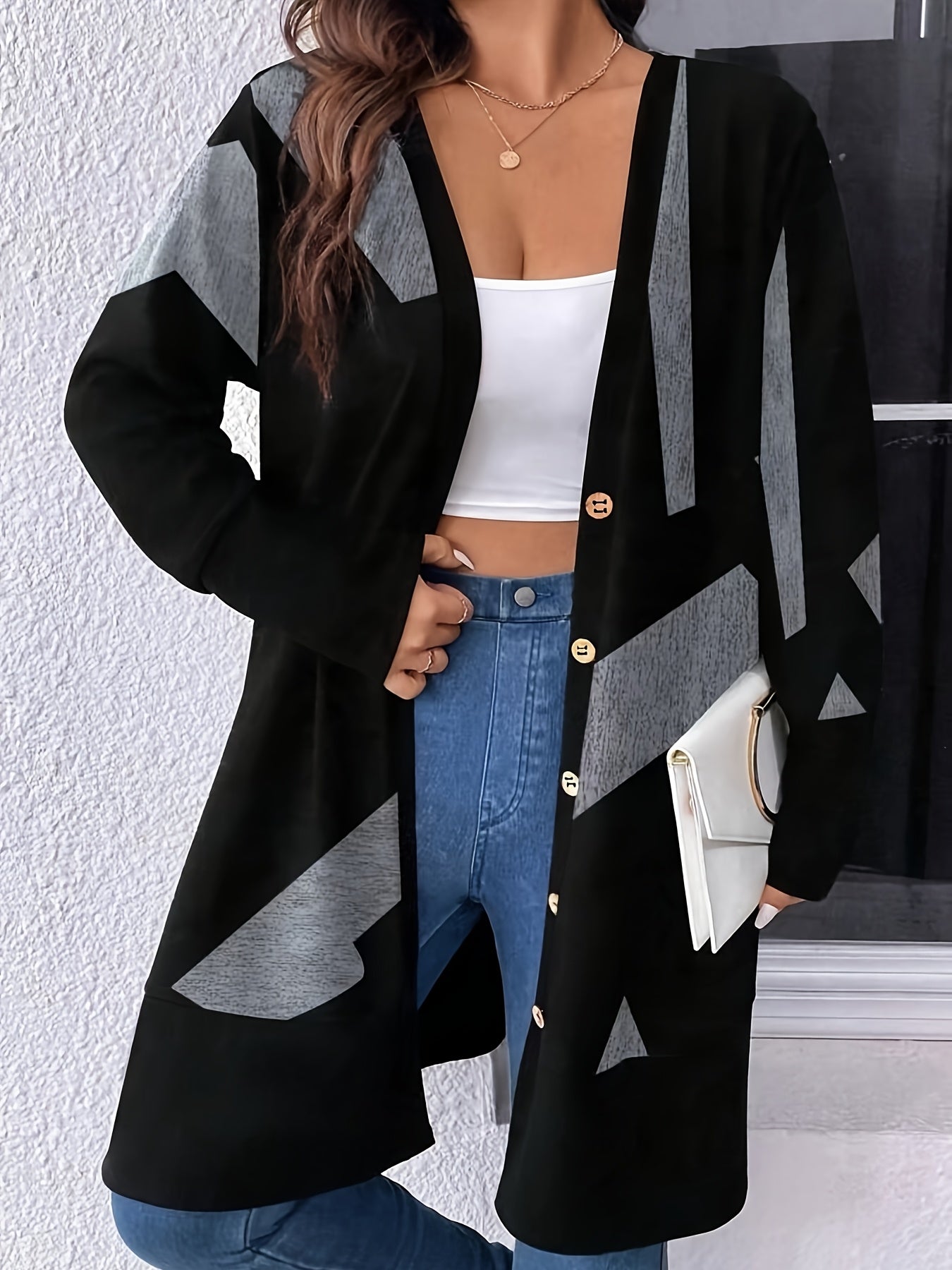 Plus Size Geometric Pattern Knit Cardigan with Long Sleeves for Fall Winter