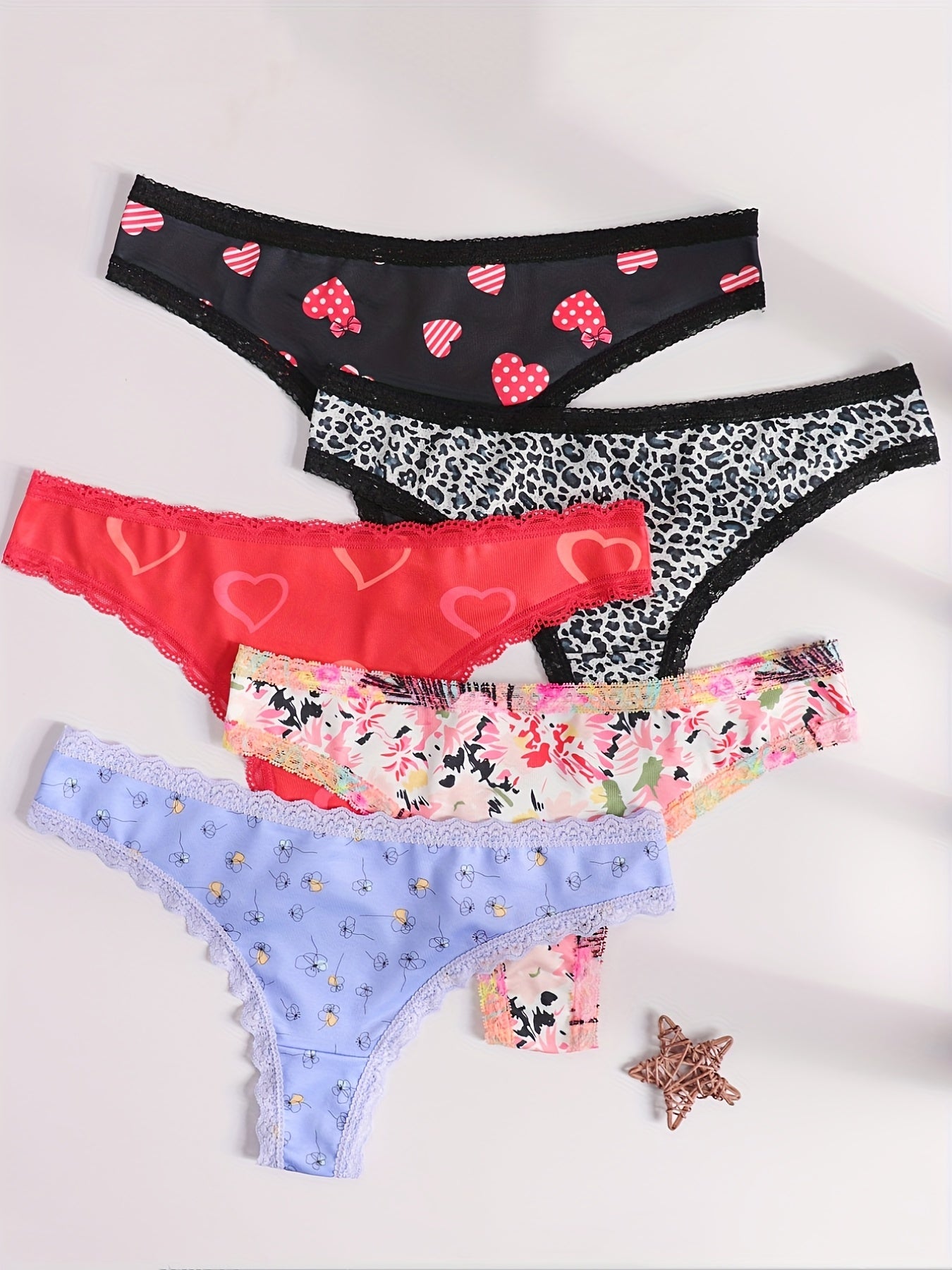Women's Floral Lace Thongs with Heart & Flower Print Comfortable Lingerie